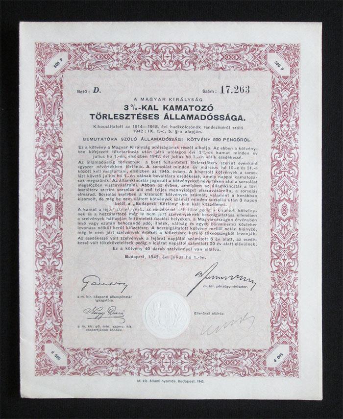 Államadóssági Kötvény Járadékkölcsön 500 pengõ 1942